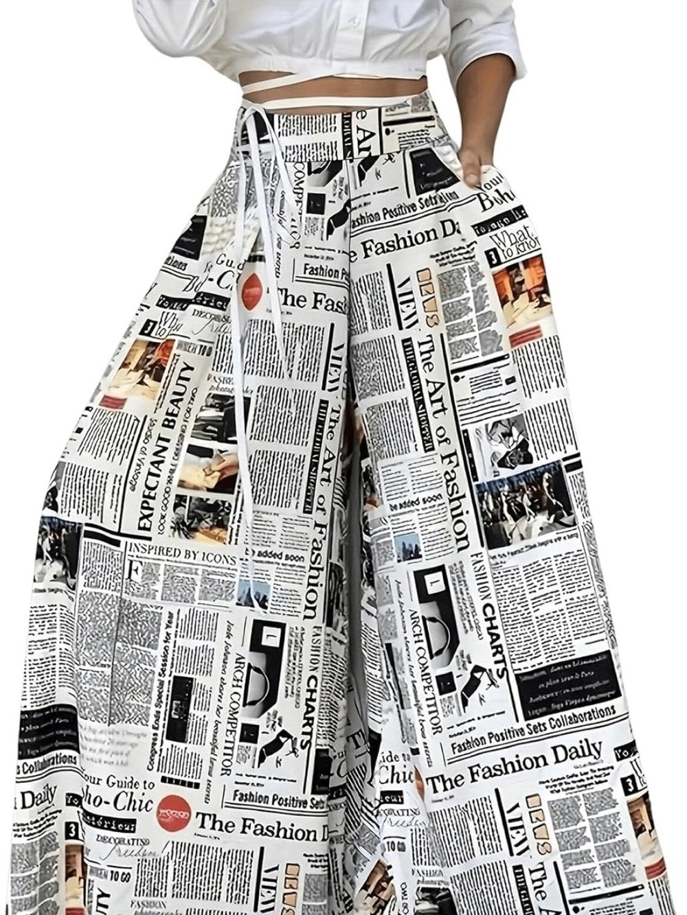 Wide-Leg Colorful Newspaper Print Women’s Palazzo Pants - Black & White size XL